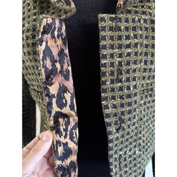Carlisle Tweed Cropped Blazer 6 Green Black Leopard Statement Jacket Office Chic - Picture 7 of 13